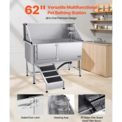 VEVOR Stainless Steel Dog Washing Station, 62 inch Pet Grooming Tub w/ Stairs, PE Water Filter Board, Faucet & Showerhead & Soap Holder Dog Bathtub for Large & Medium & Small Pets (Left Door)