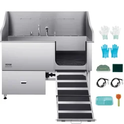 VEVOR Stainless Steel Dog Washing Station, 61 inch Pet Grooming Tub w/ Ramp, Water Filter Board, Faucet & Showerhead & Leash Dog Bathtub for Large & Medium & Small Pets (Right Door)