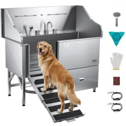 VEVOR Stainless Steel Dog Washing Station, 61 inch Pet Grooming Tub w/ Ramp, Water Filter Board, Faucet & Showerhead & Leash Dog Bathtub for Large & Medium & Small Pets (Right Door)