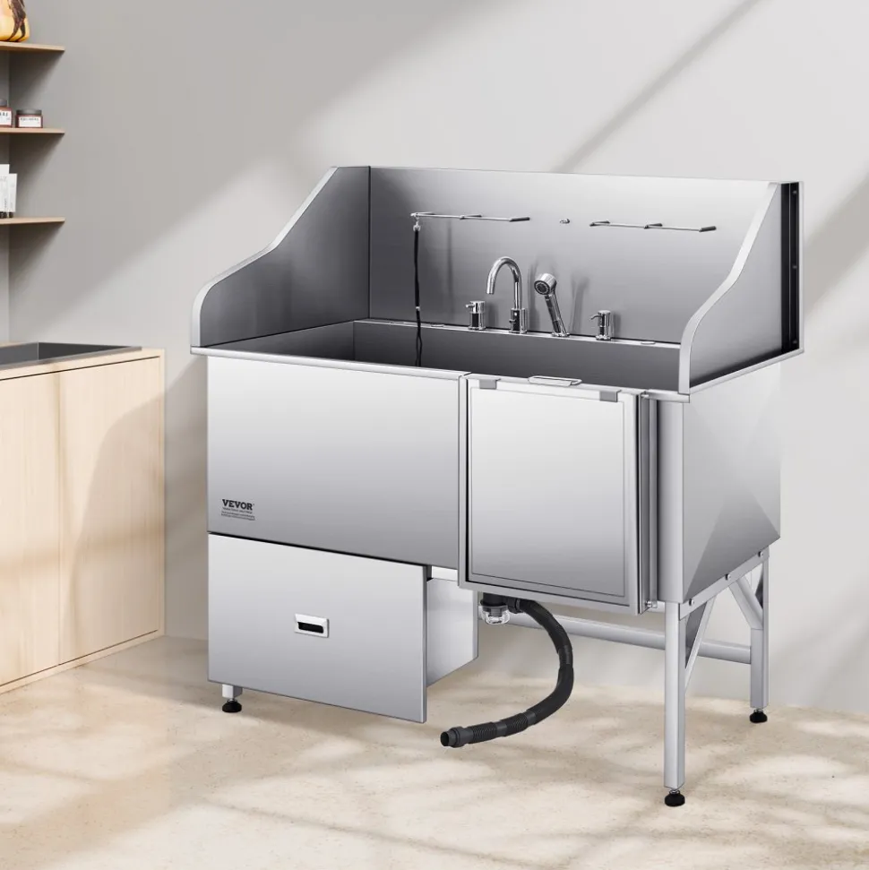 VEVOR Stainless Steel Dog Washing Station, 61 inch Pet Grooming Tub w/ Ramp, Water Filter Board, Faucet & Showerhead & Leash Dog Bathtub for Large & Medium & Small Pets (Right Door)