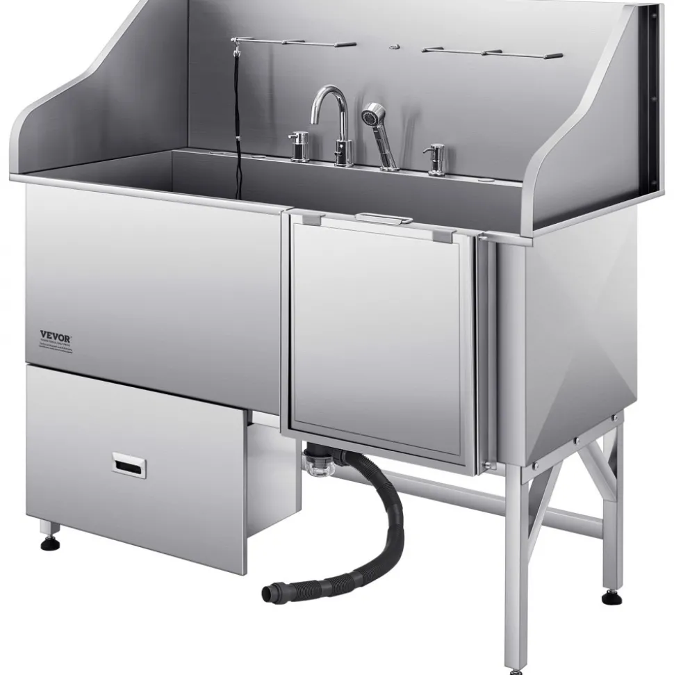 VEVOR Stainless Steel Dog Washing Station, 61 inch Pet Grooming Tub w/ Ramp, Water Filter Board, Faucet & Showerhead & Leash Dog Bathtub for Large & Medium & Small Pets (Right Door)