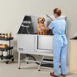 VEVOR Stainless Steel Dog Washing Station 50 Inch Pet Grooming Tub with Low-Slope Non-Slip Stairs, Hot & Cold Faucet, Showerhead, Home Wash Sink, Fits Medium and Large Pets (Right Door)