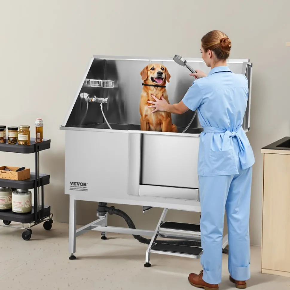 VEVOR Stainless Steel Dog Washing Station 50 Inch Pet Grooming Tub with Low-Slope Non-Slip Stairs, Hot & Cold Faucet, Showerhead, Home Wash Sink, Fits Medium and Large Pets (Right Door)