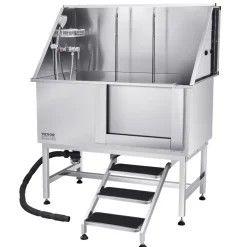 VEVOR Stainless Steel Dog Washing Station 50 Inch Pet Grooming Tub with Low-Slope Non-Slip Stairs, Hot & Cold Faucet, Showerhead, Home Wash Sink, Fits Medium and Large Pets (Right Door)