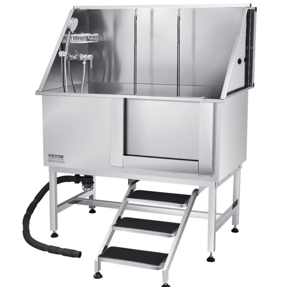 VEVOR Stainless Steel Dog Washing Station 50 Inch Pet Grooming Tub with Low-Slope Non-Slip Stairs, Hot & Cold Faucet, Showerhead, Home Wash Sink, Fits Medium and Large Pets (Right Door)