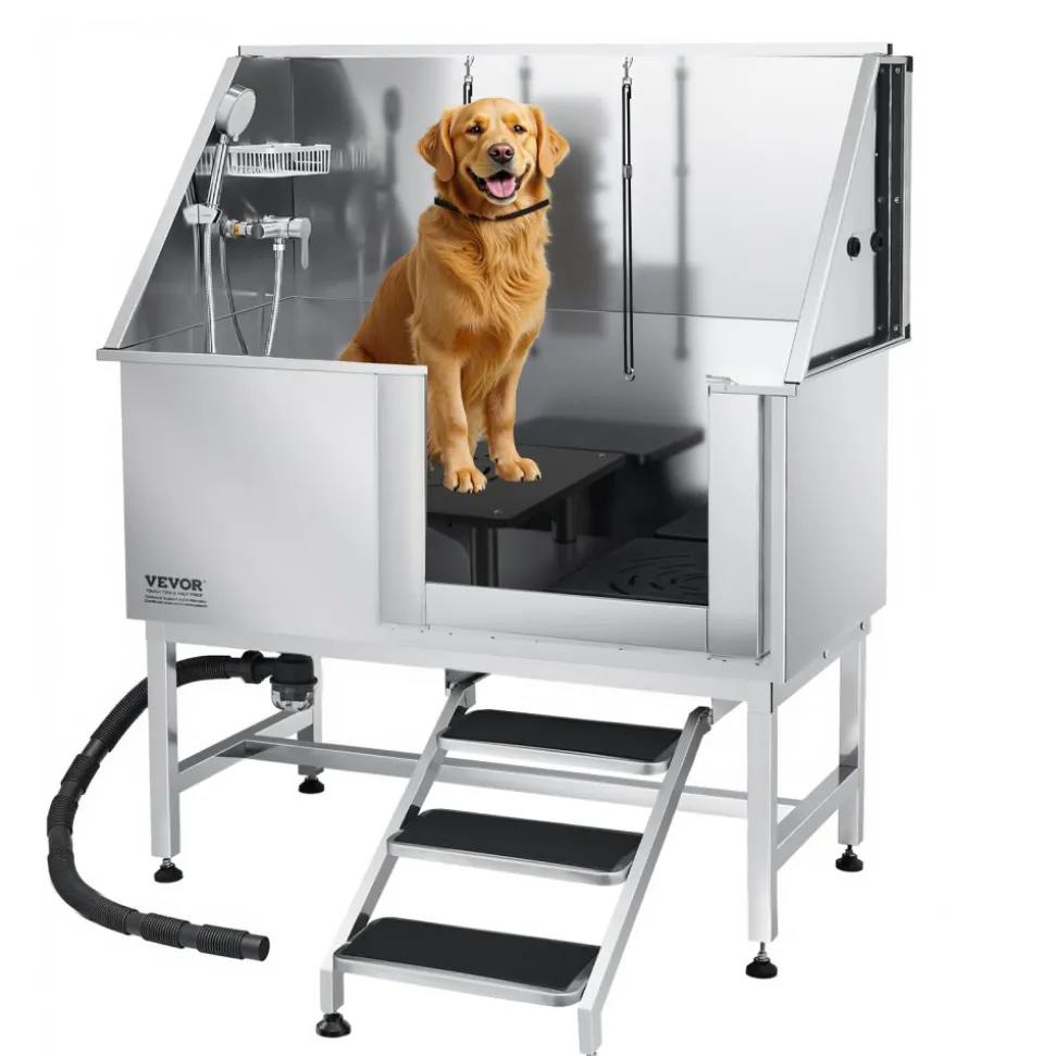 VEVOR Stainless Steel Dog Washing Station 50 Inch Pet Grooming Tub with Low-Slope Non-Slip Stairs, Hot & Cold Faucet, Showerhead, Home Wash Sink, Fits Medium and Large Pets (Right Door)