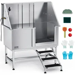 VEVOR Stainless Steel Dog Washing Station 50 Inch Pet Grooming Tub with Low-Slope Non-Slip Stairs, Hot & Cold Faucet, Showerhead, Home Wash Sink, Fits Medium and Large Pets (Right Door)