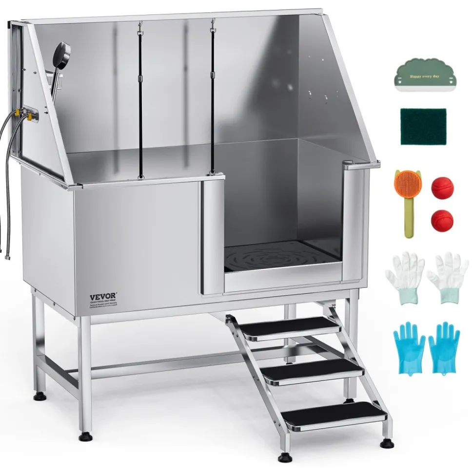 VEVOR Stainless Steel Dog Washing Station 50 Inch Pet Grooming Tub with Low-Slope Non-Slip Stairs, Hot & Cold Faucet, Showerhead, Home Wash Sink, Fits Medium and Large Pets (Right Door)