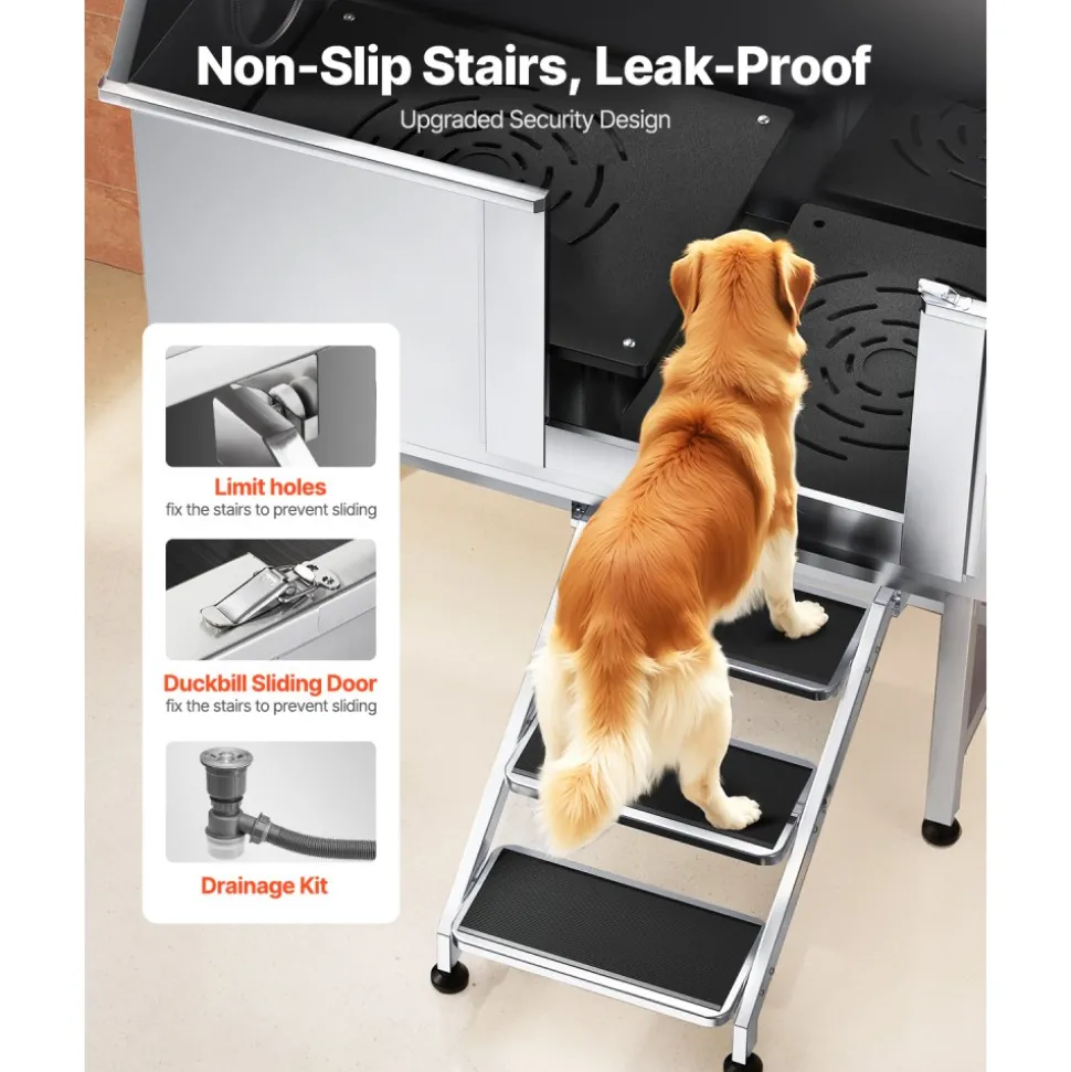 VEVOR Stainless Steel Dog Washing Station 50 Inch Pet Grooming Tub with Low-Slope Non-Slip Stairs, Hot & Cold Faucet, Showerhead, Home Wash Sink, Fits Medium and Large Pets (Right Door)