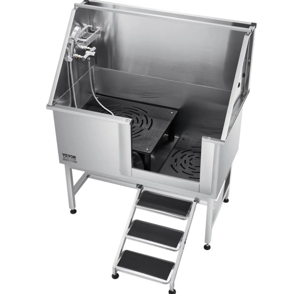 VEVOR Stainless Steel Dog Washing Station 50 Inch Pet Grooming Tub with Low-Slope Non-Slip Stairs, Hot & Cold Faucet, Showerhead, Home Wash Sink, Fits Medium and Large Pets (Right Door)