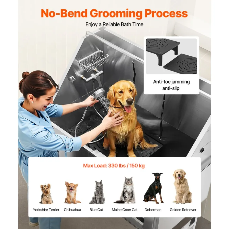 VEVOR Stainless Steel Dog Washing Station 50 Inch Pet Grooming Tub with Low-Slope Non-Slip Stairs, Hot & Cold Faucet, Showerhead, Home Wash Sink, Fits Medium and Large Pets (Right Door)