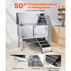 VEVOR Stainless Steel Dog Washing Station, 50 inch Pet Grooming Tub w/ Ramp, PE Water Filter Board, Faucet & Showerhead & Soap Holder Dog Bathtub for Large & Medium & Small Pets (Right Door)