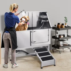 VEVOR Stainless Steel Dog Washing Station, 62 inch Pet Grooming Tub w/ Ramp, PE Water Filter Board, Faucet & Showerhead & Soap Holder Dog Bathtub for Large & Medium & Small Pets (Right Door)