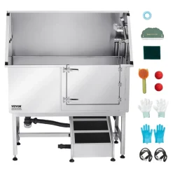 VEVOR Stainless Steel Dog Washing Station, 62 inch Pet Grooming Tub w/ Ramp, PE Water Filter Board, Faucet & Showerhead & Soap Holder Dog Bathtub for Large & Medium & Small Pets (Right Door)