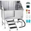 VEVOR 304 Stainless Steel Dog Washing Station, 50 Inch Pet Grooming Tub with Non-Slip Low-Slope Ramp, Storage Drawer, Hot & Cold Faucet, All-in-One Bath for Grooming Shop, Fits All Sizes (Right Door)