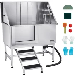 VEVOR 304 Stainless Steel Dog Washing Station, 50 Inch Pet Grooming Tub with Non-Slip Low-Slope Ramp, Storage Drawer, Hot & Cold Faucet, All-in-One Bath for Grooming Shop, Fits All Sizes (Right Door)