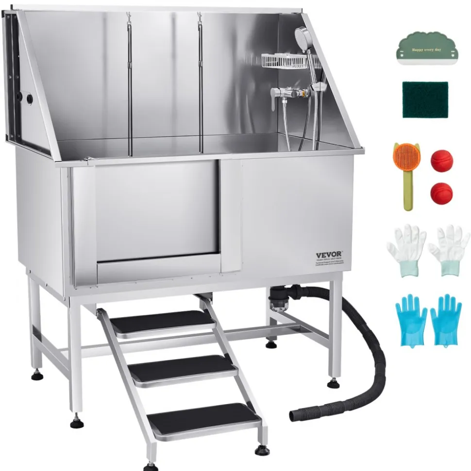 VEVOR 304 Stainless Steel Dog Washing Station, 50 Inch Pet Grooming Tub with Non-Slip Low-Slope Ramp, Storage Drawer, Hot & Cold Faucet, All-in-One Bath for Grooming Shop, Fits All Sizes (Right Door)