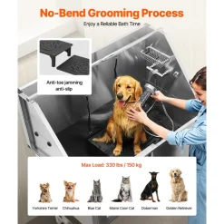 VEVOR 304 Stainless Steel Dog Washing Station, 50 Inch Pet Grooming Tub with Non-Slip Low-Slope Ramp, Storage Drawer, Hot & Cold Faucet, All-in-One Bath for Grooming Shop, Fits All Sizes (Right Door)