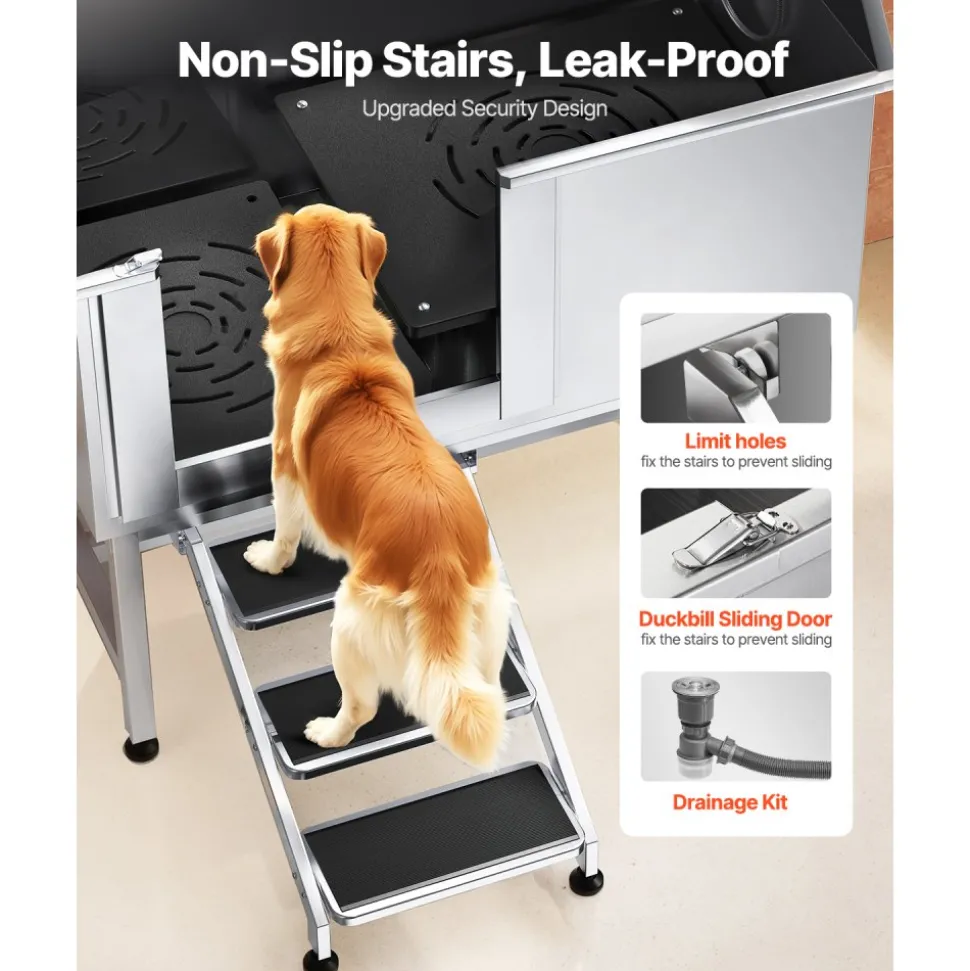 VEVOR 304 Stainless Steel Dog Washing Station, 50 Inch Pet Grooming Tub with Non-Slip Low-Slope Ramp, Storage Drawer, Hot & Cold Faucet, All-in-One Bath for Grooming Shop, Fits All Sizes (Right Door)