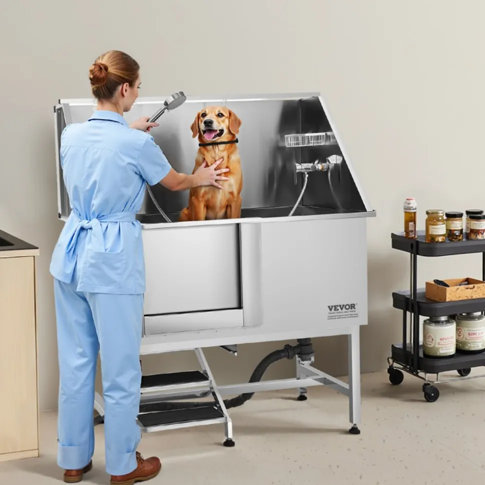 VEVOR 304 Stainless Steel Dog Washing Station, 50 Inch Pet Grooming Tub with Non-Slip Low-Slope Ramp, Storage Drawer, Hot & Cold Faucet, All-in-One Bath for Grooming Shop, Fits All Sizes (Right Door)