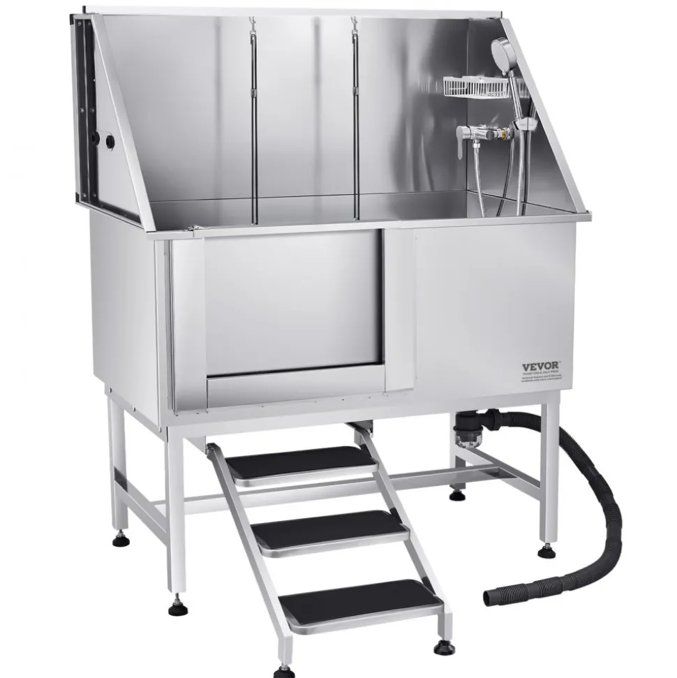 VEVOR 304 Stainless Steel Dog Washing Station, 50 Inch Pet Grooming Tub with Non-Slip Low-Slope Ramp, Storage Drawer, Hot & Cold Faucet, All-in-One Bath for Grooming Shop, Fits All Sizes (Right Door)