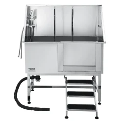VEVOR 304 Stainless Steel Dog Washing Station, 50 Inch Pet Grooming Tub with Non-Slip Low-Slope Ramp, Storage Drawer, Hot & Cold Faucet, All-in-One Bath for Grooming Shop, Fits All Sizes (Right Door)
