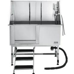 VEVOR 304 Stainless Steel Dog Washing Station, 50 Inch Pet Grooming Tub with Non-Slip Low-Slope Ramp, Storage Drawer, Hot & Cold Faucet, All-in-One Bath for Grooming Shop, Fits All Sizes (Right Door)