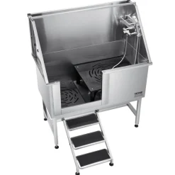 VEVOR 304 Stainless Steel Dog Washing Station, 50 Inch Pet Grooming Tub with Non-Slip Low-Slope Ramp, Storage Drawer, Hot & Cold Faucet, All-in-One Bath for Grooming Shop, Fits All Sizes (Right Door)