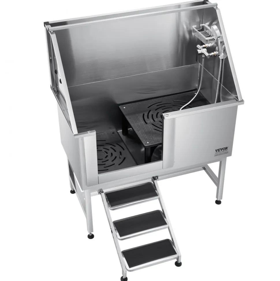 VEVOR 304 Stainless Steel Dog Washing Station, 50 Inch Pet Grooming Tub with Non-Slip Low-Slope Ramp, Storage Drawer, Hot & Cold Faucet, All-in-One Bath for Grooming Shop, Fits All Sizes (Right Door)