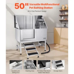 VEVOR 304 Stainless Steel Dog Washing Station, 50 Inch Pet Grooming Tub with Non-Slip Low-Slope Ramp, Storage Drawer, Hot & Cold Faucet, All-in-One Bath for Grooming Shop, Fits All Sizes (Right Door)