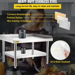 VEVOR Stainless Steel Equipment Grill Stand, 48 x 30 x 24 Inches Stainless Table, Grill Stand Table with Adjustable Storage Undershelf, Equipment Stand Grill Table for Hotel, Home, Restaurant Kitchen
