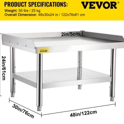 VEVOR Stainless Steel Equipment Grill Stand, 48 x 30 x 24 Inches Stainless Table, Grill Stand Table with Adjustable Storage Undershelf, Equipment Stand Grill Table for Hotel, Home, Restaurant Kitchen
