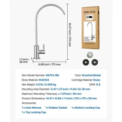 VEVOR Stainless Steel Faucet, Lead-Free Drinking Water Faucets, Reverse Osmosis Faucet with Solid Brass Valve, High Arch Filtered Water Faucets For Kitchen Sink, Bar Counter, Cafe Shop, Brushed Nickel