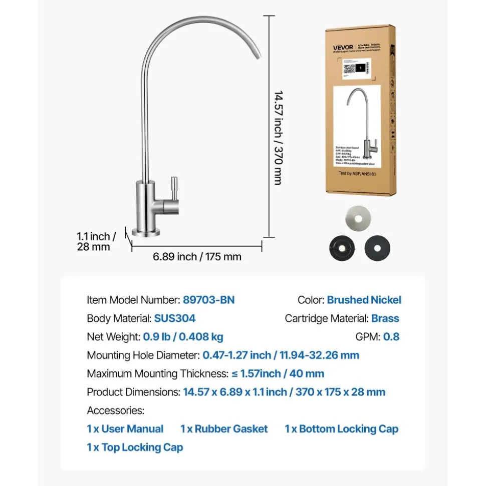 VEVOR Stainless Steel Faucet, Lead-Free Drinking Water Faucets, Reverse Osmosis Faucet with Solid Brass Valve, High Arch Filtered Water Faucets For Kitchen Sink, Bar Counter, Cafe Shop, Brushed Nickel