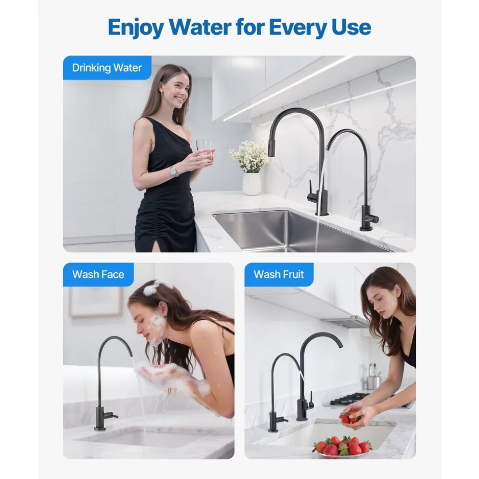 VEVOR Stainless Steel Faucet, Lead-Free Water Purifier Faucets, Reverse Osmosis Faucet with Solid Brass Valve, High Arch Drinking Water Faucets For Kitchen Sink, Bar Counter, Cafe Shop, Matte Black
