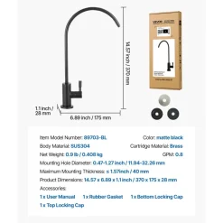 VEVOR Stainless Steel Faucet, Lead-Free Water Purifier Faucets, Reverse Osmosis Faucet with Solid Brass Valve, High Arch Drinking Water Faucets For Kitchen Sink, Bar Counter, Cafe Shop, Matte Black