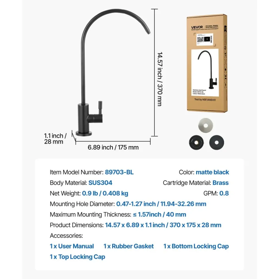 VEVOR Stainless Steel Faucet, Lead-Free Water Purifier Faucets, Reverse Osmosis Faucet with Solid Brass Valve, High Arch Drinking Water Faucets For Kitchen Sink, Bar Counter, Cafe Shop, Matte Black