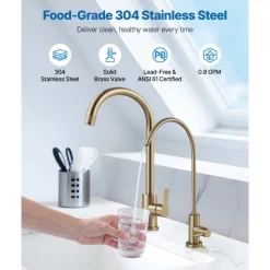 VEVOR Stainless Steel Faucet, Lead-Free Water Purifier Faucet, Filter Water Faucets With Solid Brass Valve, Anti-Rust & Durability Ro Water Faucets For Kitchen, Bar Counter, Cafe Shop, Brushed Gold