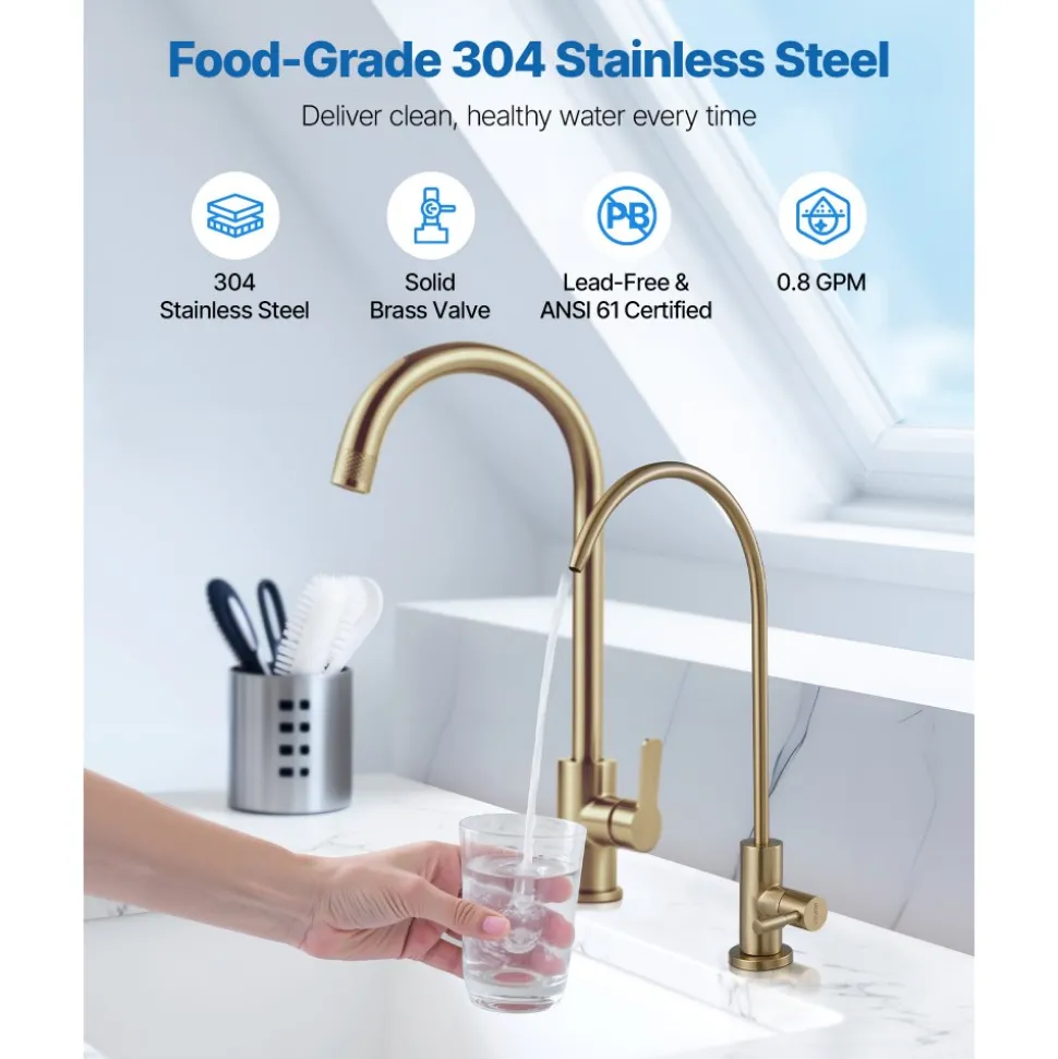 VEVOR Stainless Steel Faucet, Lead-Free Water Purifier Faucet, Filter Water Faucets With Solid Brass Valve, Anti-Rust & Durability Ro Water Faucets For Kitchen, Bar Counter, Cafe Shop, Brushed Gold