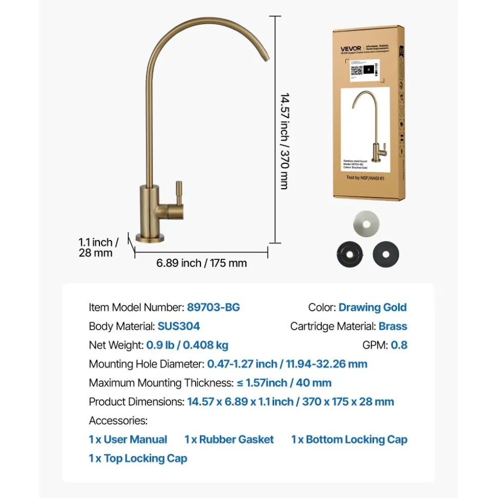 VEVOR Stainless Steel Faucet, Lead-Free Water Purifier Faucet, Filter Water Faucets With Solid Brass Valve, Anti-Rust & Durability Ro Water Faucets For Kitchen, Bar Counter, Cafe Shop, Brushed Gold