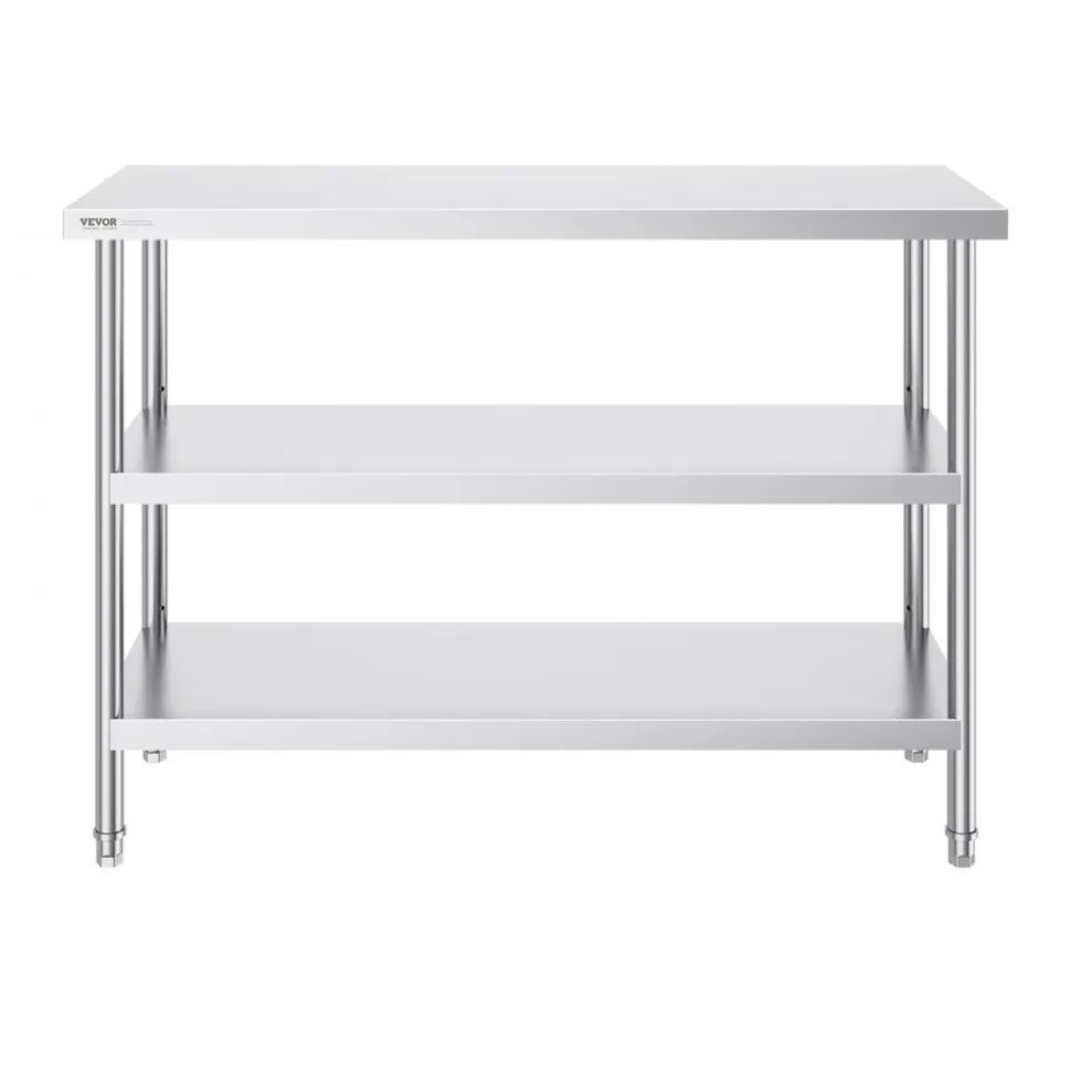 VEVOR Stainless Steel Food Prep Table, 18 x 48 x 34 Inch Commercial Kitchen Worktable, with 2 Adjustable Undershelf, Heavy Duty Prep Table Metal Work Table for BBQ, Kitchen, Home, and Garage
