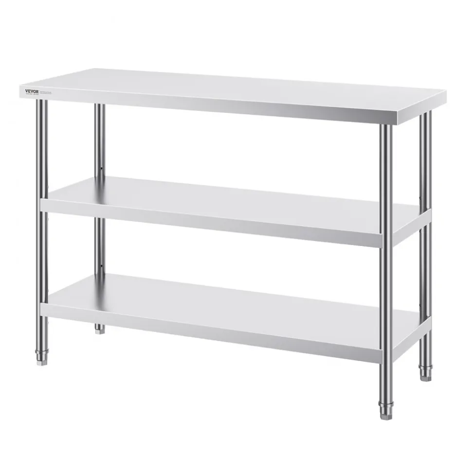 VEVOR Stainless Steel Food Prep Table, 18 x 48 x 34 Inch Commercial Kitchen Worktable, with 2 Adjustable Undershelf, Heavy Duty Prep Table Metal Work Table for BBQ, Kitchen, Home, and Garage