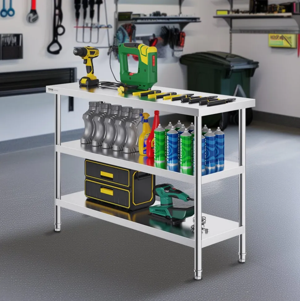 VEVOR Stainless Steel Food Prep Table, 18 x 48 x 34 Inch Commercial Kitchen Worktable, with 2 Adjustable Undershelf, Heavy Duty Prep Table Metal Work Table for BBQ, Kitchen, Home, and Garage