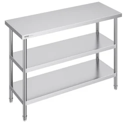 VEVOR Stainless Steel Food Prep Table, 18 x 48 x 34 Inch Commercial Kitchen Worktable, with 2 Adjustable Undershelf, Heavy Duty Prep Table Metal Work Table for BBQ, Kitchen, Home, and Garage