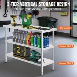 VEVOR Stainless Steel Food Prep Table, 18 x 48 x 34 Inch Commercial Kitchen Worktable, with 2 Adjustable Undershelf, Heavy Duty Prep Table Metal Work Table for BBQ, Kitchen, Home, and Garage