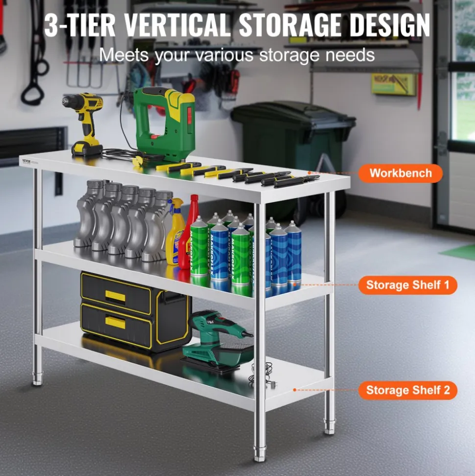 VEVOR Stainless Steel Food Prep Table, 18 x 48 x 34 Inch Commercial Kitchen Worktable, with 2 Adjustable Undershelf, Heavy Duty Prep Table Metal Work Table for BBQ, Kitchen, Home, and Garage