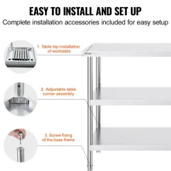 VEVOR Stainless Steel Food Prep Table, 18 x 48 x 34 Inch Commercial Kitchen Worktable, with 2 Adjustable Undershelf, Heavy Duty Prep Table Metal Work Table for BBQ, Kitchen, Home, and Garage