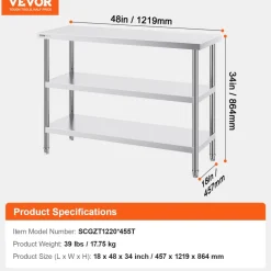 VEVOR Stainless Steel Food Prep Table, 18 x 48 x 34 Inch Commercial Kitchen Worktable, with 2 Adjustable Undershelf, Heavy Duty Prep Table Metal Work Table for BBQ, Kitchen, Home, and Garage