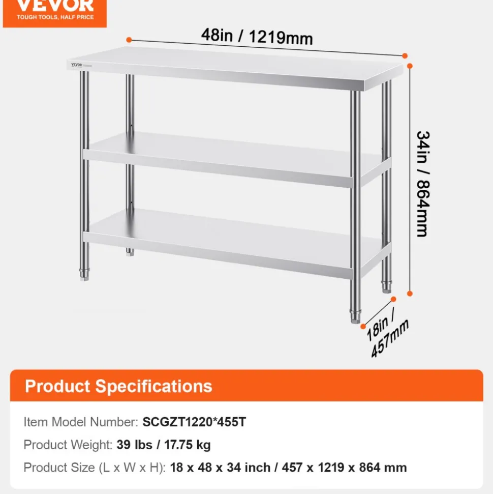 VEVOR Stainless Steel Food Prep Table, 18 x 48 x 34 Inch Commercial Kitchen Worktable, with 2 Adjustable Undershelf, Heavy Duty Prep Table Metal Work Table for BBQ, Kitchen, Home, and Garage