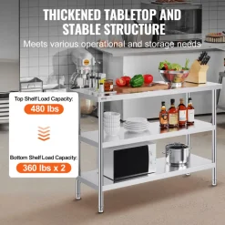 VEVOR Stainless Steel Food Prep Table, 18 x 48 x 34 Inch Commercial Kitchen Worktable, with 2 Adjustable Undershelf, Heavy Duty Prep Table Metal Work Table for BBQ, Kitchen, Home, and Garage